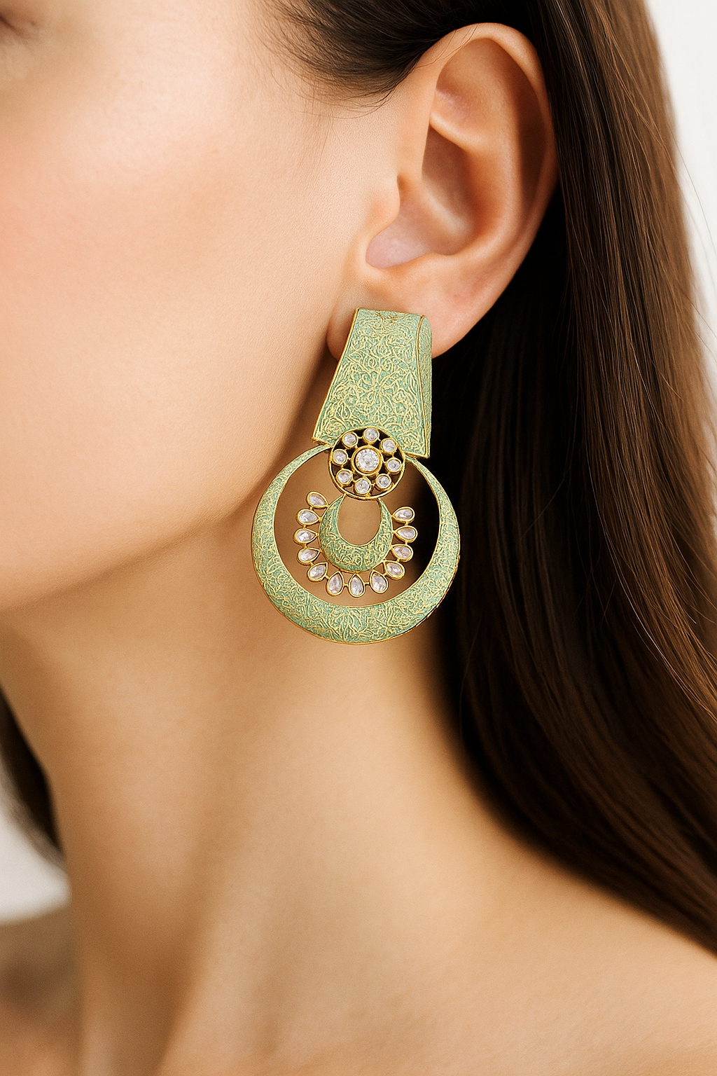 Mint Green Meenakari Kundan Hoop Earrings